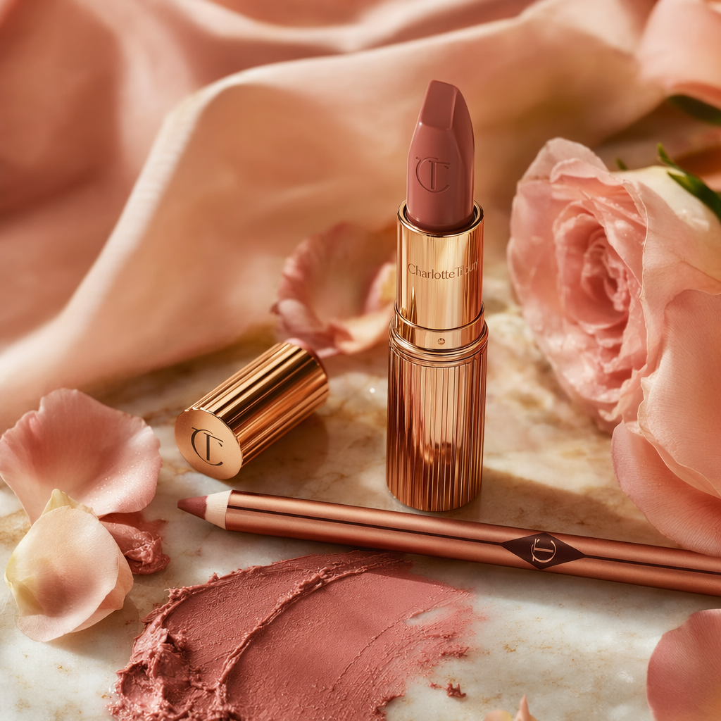 AI-generated cosmetic beauty editorial photograph of Charlotte Tilbury Pillow Talk lipstick